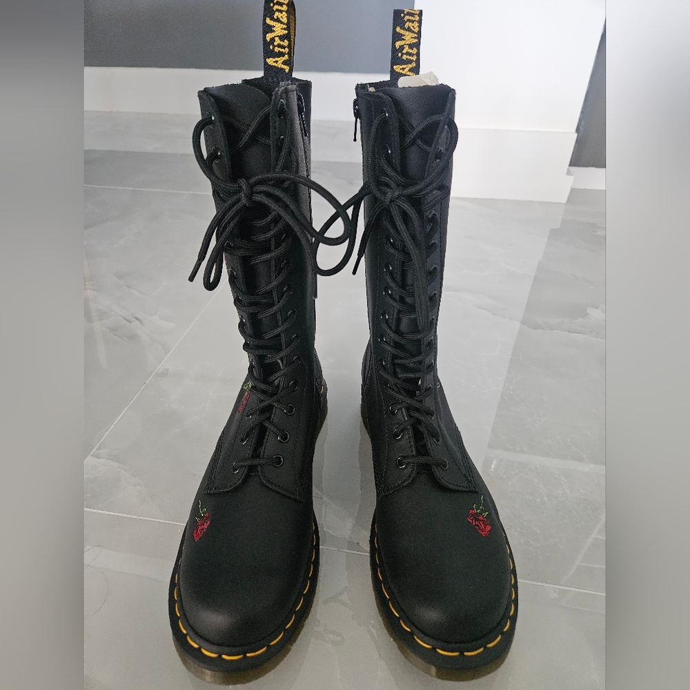Dr. Martens Black and Red Combat Boots with Floral Embroidery - Picture 3 of 8